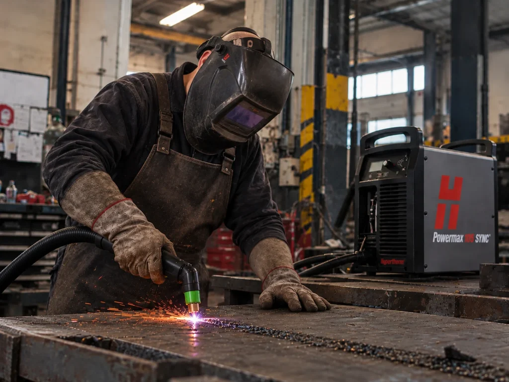 Operator podczas żłobienia plazmowego metalowego elementu urządzeniem Hypertherm Powermax105 SYNC